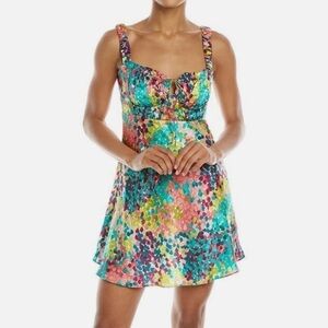 Nicholas NWT 100% Silk Satin Simie Gathered Confetti Multicolor Mini Dress 2, XS